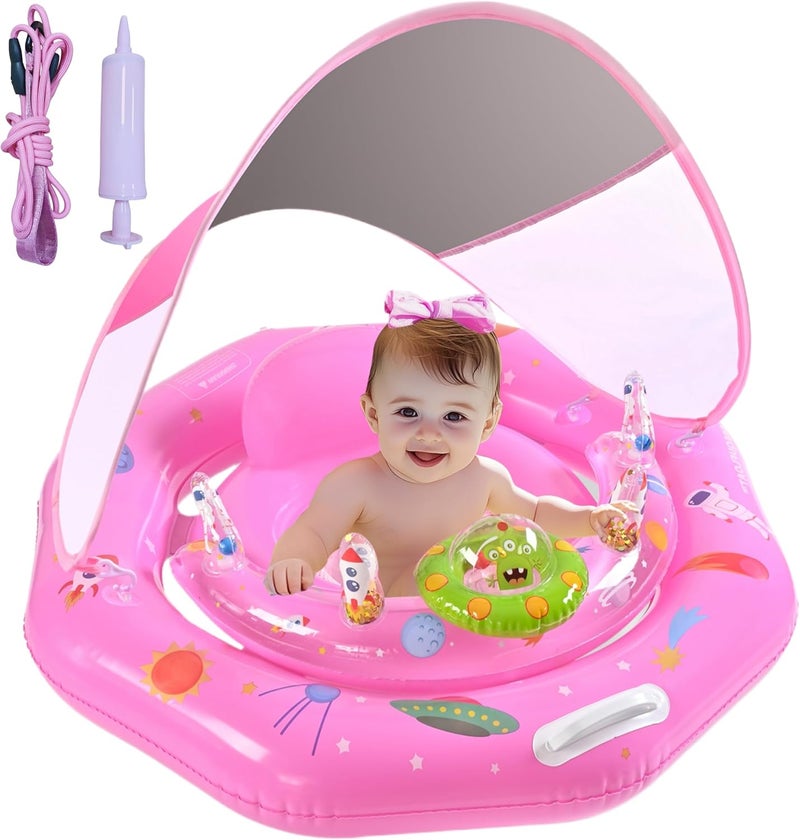 GEEQUFLOAT Baby Pool Float with Canopy UPF50+ Sun Protection, Inflatable Infant Pool Float with Adjustable Safety Seat & Toy Play Console，Baby Floatie for 6-36 Months Boys & Girls，Safety Handles & Leashes（Pink） - Image 1